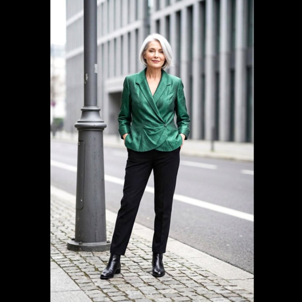 Alex Evenings Emerald Green Shimmer Wrap-Front Jacket – Size M,Like new